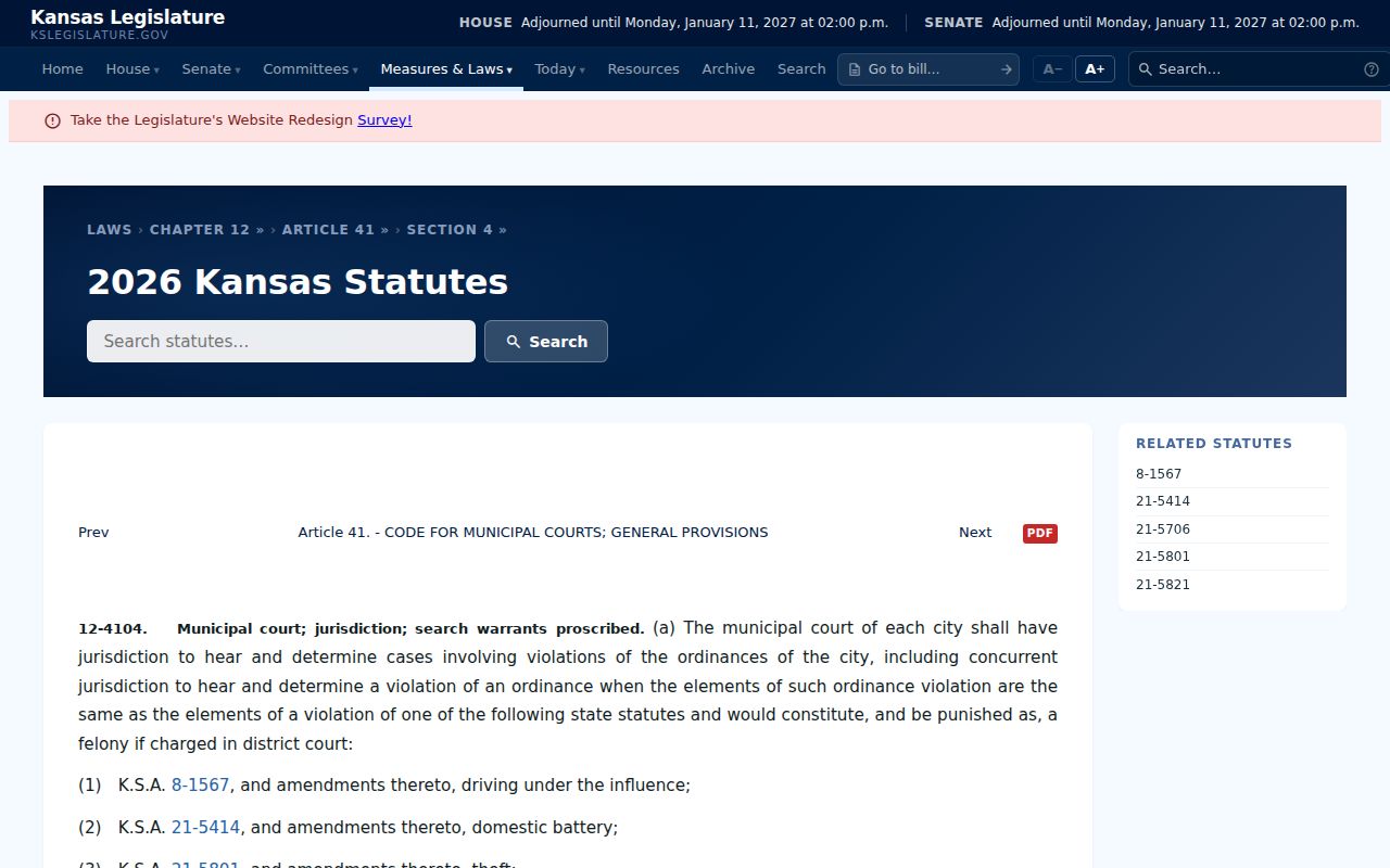 Kansas municipal court jurisdiction source relevant to Courtland court records