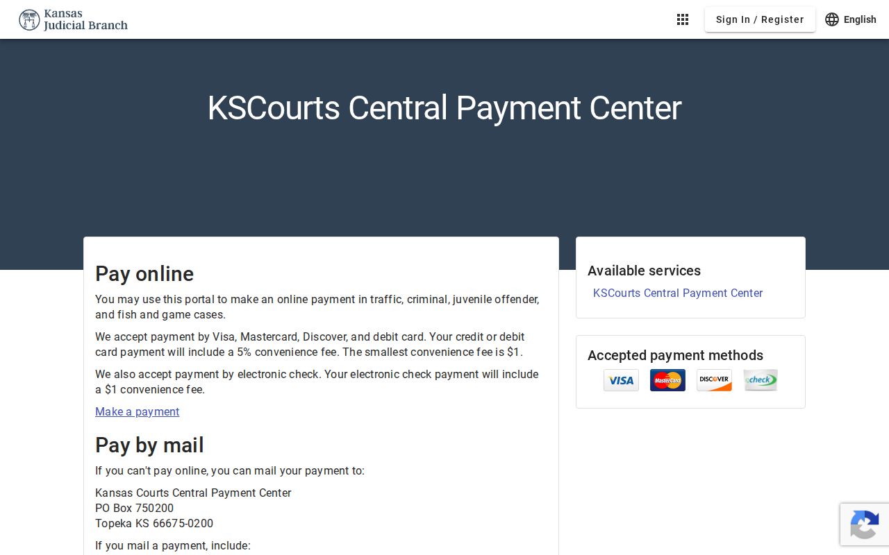 Kansas Central Payment Center page for checking supported Munden-related records